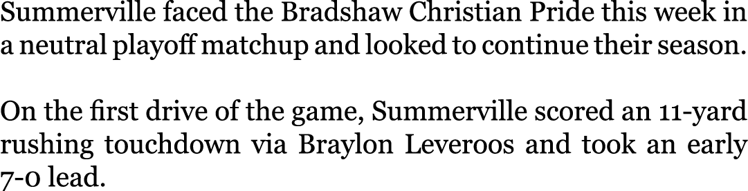 Summerville faced the Bradshaw Christian Pride this week in a neutral playoff matchup and looked to continue their se...