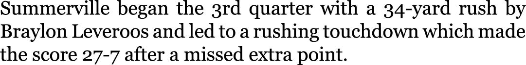 Summerville began the 3rd quarter with a 34-yard rush by Braylon Leveroos and led to a rushing touchdown which made t...