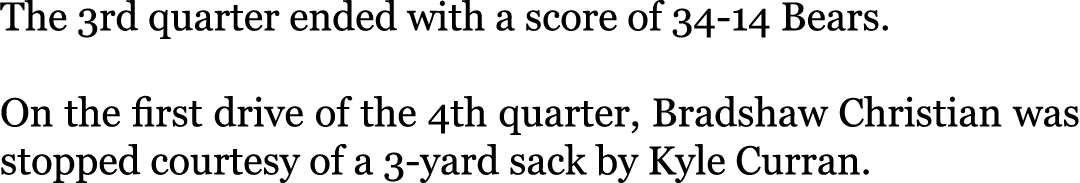 The 3rd quarter ended with a score of 34-14 Bears. On the first drive of the 4th quarter, Bradshaw Christian was sto...