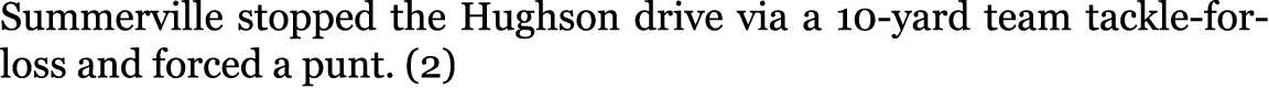 Summerville stopped the Hughson drive via a 10-yard team tackle-for-loss and forced a punt. (2) 
