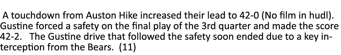  A touchdown from Auston Hike increased their lead to 42-0 (No film in hudl). Gustine forced a safety on the final pl...