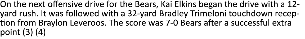 On the next offensive drive for the Bears, Kai Elkins began the drive with a 12-yard rush. It was followed with a 32-...