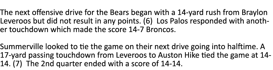  The next offensive drive for the Bears began with a 14-yard rush from Braylon Leveroos but did not result in any poi...