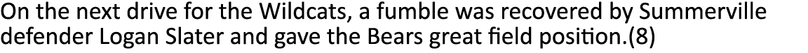 On the next drive for the Wildcats, a fumble was recovered by Summerville defender Logan Slater and gave the Bears gr...