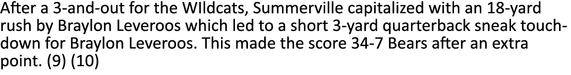 After a 3-and-out for the WIldcats, Summerville capitalized with an 18-yard rush by Braylon Leveroos which led to a s...