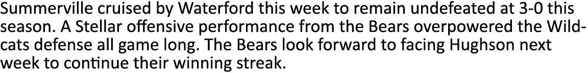 Summerville cruised by Waterford this week to remain undefeated at 3-0 this season. A Stellar offensive performance f...