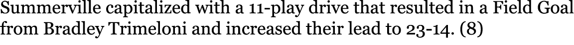 Summerville capitalized with a 11-play drive that resulted in a Field Goal from Bradley Trimeloni and increased their...