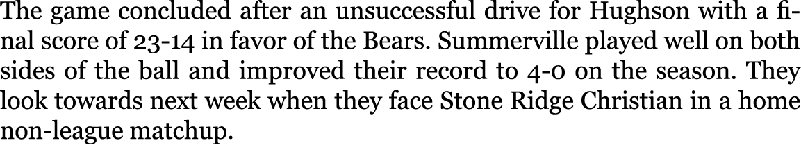 The game concluded after an unsuccessful drive for Hughson with a final score of 23-14 in favor of the Bears. Summerv...
