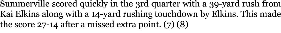 Summerville scored quickly in the 3rd quarter with a 39-yard rush from Kai Elkins along with a 14-yard rushing touchd...