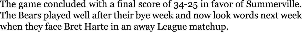 The game concluded with a final score of 34-25 in favor of Summerville. The Bears played well after their bye week an...