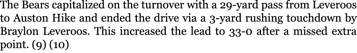 The Bears capitalized on the turnover with a 29-yard pass from Leveroos to Auston Hike and ended the drive via a 3-ya...