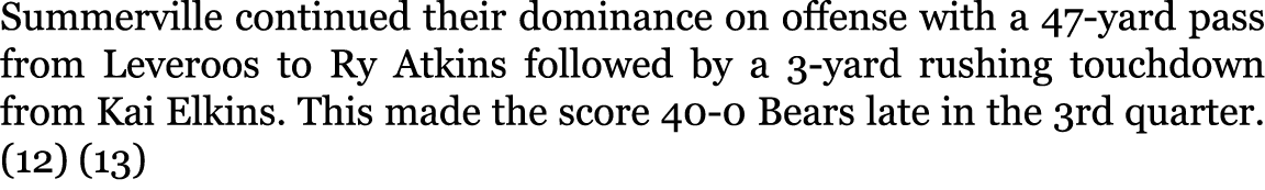Summerville continued their dominance on offense with a 47-yard pass from Leveroos to Ry Atkins followed by a 3-yard ...