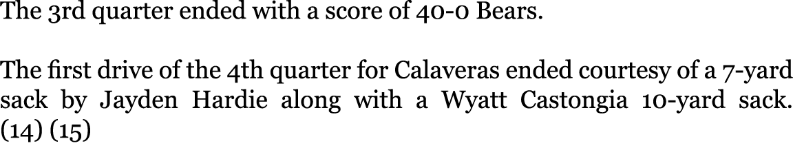 The 3rd quarter ended with a score of 40-0 Bears. The first drive of the 4th quarter for Calaveras ended courtesy of...