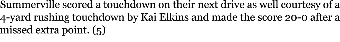 Summerville scored a touchdown on their next drive as well courtesy of a 4-yard rushing touchdown by Kai Elkins and m...