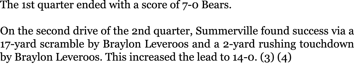 The 1st quarter ended with a score of 7-0 Bears. On the second drive of the 2nd quarter, Summerville found success v...