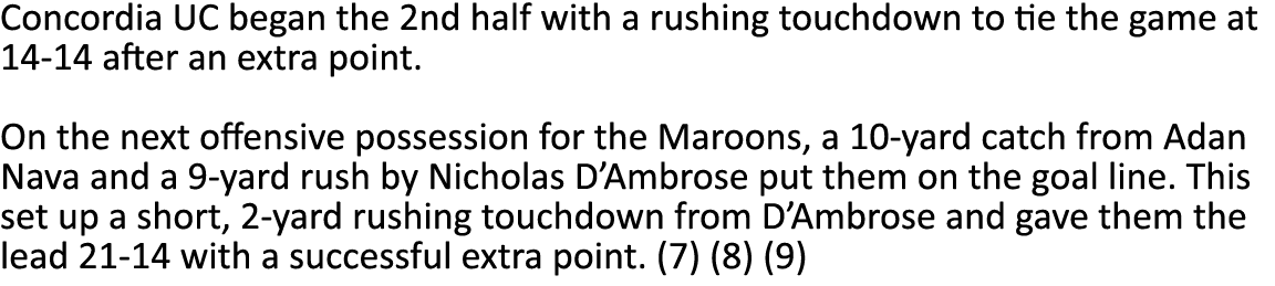 Concordia UC began the 2nd half with a rushing touchdown to tie the game at 14-14 after an extra point. On the next ...