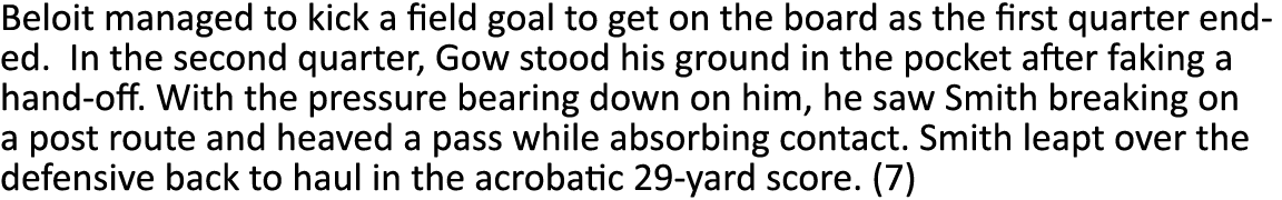 Beloit managed to kick a field goal to get on the board as the first quarter ended. In the second quarter, Gow stood ...