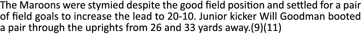 The Maroons were stymied despite the good field position and settled for a pair of field goals to increase the lead t...
