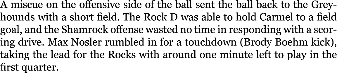 A miscue on the offensive side of the ball sent the ball back to the Greyhounds with a short field. The Rock D was ab...
