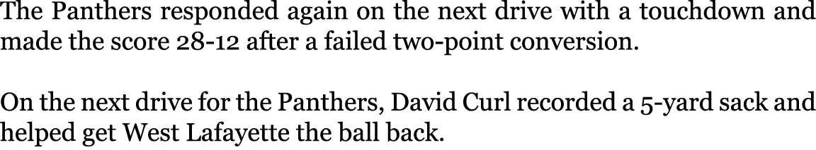 The Panthers responded again on the next drive with a touchdown and made the score 28-12 after a failed two-point con...