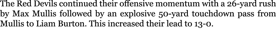 The Red Devils continued their offensive momentum with a 26-yard rush by Max Mullis followed by an explosive 50-yard ...
