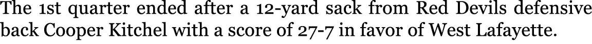 The 1st quarter ended after a 12-yard sack from Red Devils defensive back Cooper Kitchel with a score of 27-7 in favo...