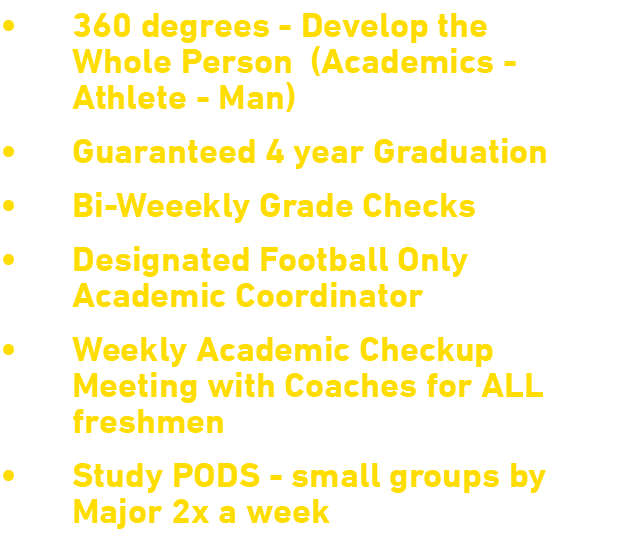   360 degrees - Develop the  Whole Person (Academics -  Athlete - Man)   Guaranteed 4 year Graduation   Bi-Weeekly Gr   