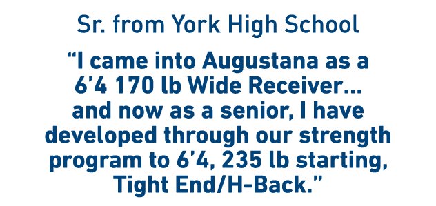 Sr  from York High School  I came into Augustana as a 6 4 170 lb Wide Receiver    and now as a senior, I have develop   