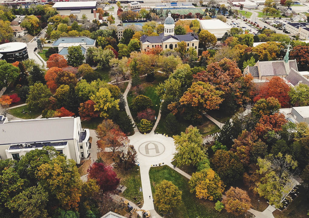 Fall campus beauty, Old Main, Olin, Viking Plaza, Ascension Chapel, Hanson,  p: David Thornblad drone