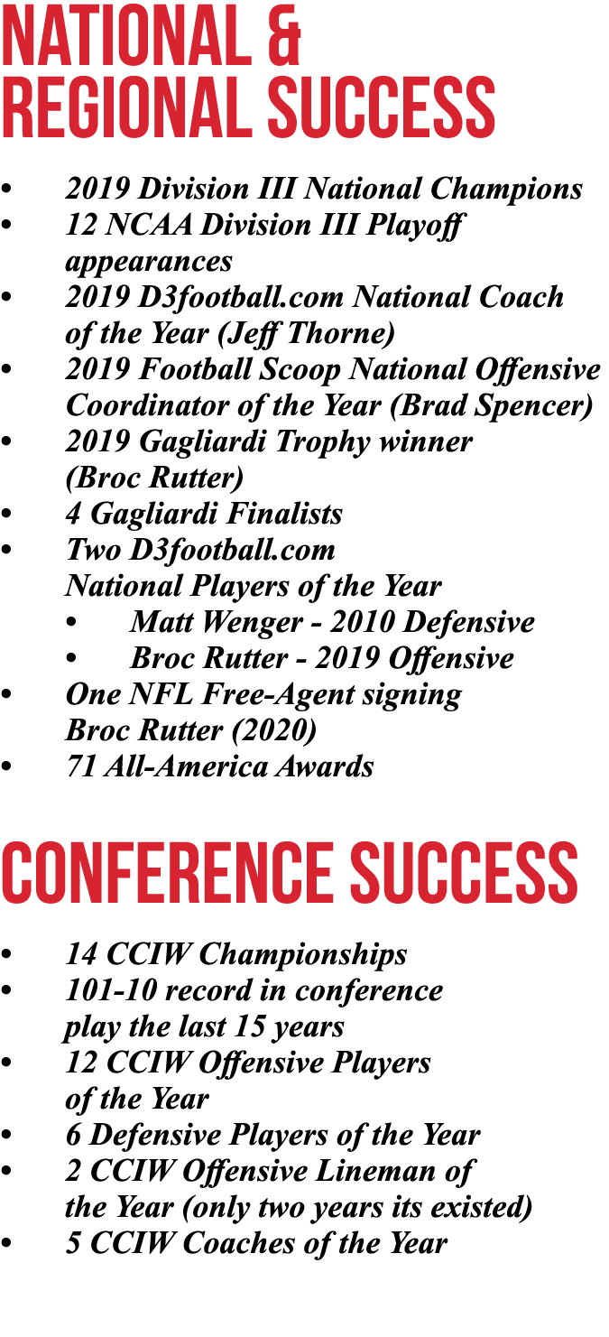 National & Regional Success • 2019 Division III National Champions • 12 NCAA Division III Playoff appearances • 2019 ...