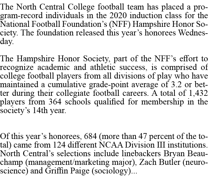 The North Central College football team has placed a program record individuals in the 2020 induction class for the N...