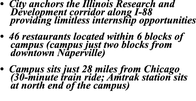 • City anchors the Illinois Research and Development corridor along I 88 providing limitless internship opportunities...