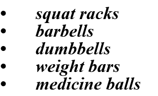 • squat racks • barbells • dumbbells • weight bars • medicine balls 