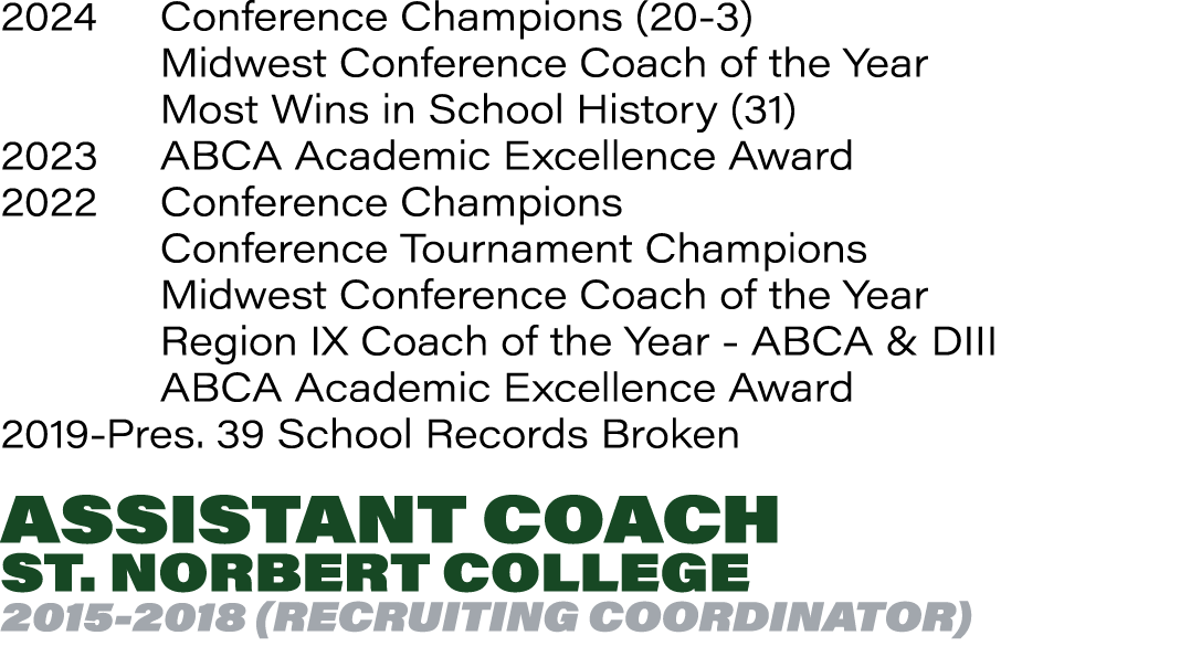 2024 Conference Champions (20-3) Midwest Conference Coach of the Year  Most Wins in School History (31) 2023 ABCA Ac...
