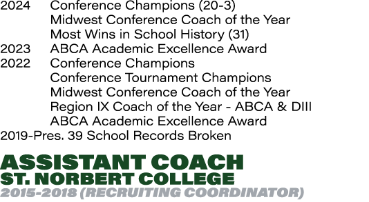 2024 Conference Champions (20-3) Midwest Conference Coach of the Year  Most Wins in School History (31) 2023 ABCA Ac...