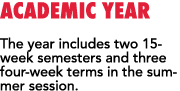Academic Year The year includes two 15 week semesters and three four week terms in the summer session.
