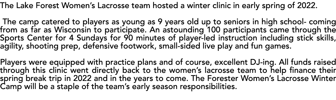 The Lake Forest Women s Lacrosse team hosted a winter clinic in early spring of 2022   The camp catered to players as   