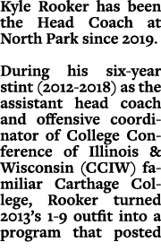 Kyle Rooker has been the Head Coach at North Park since 2019. During his six year stint (2012 2018) as the assistant ...