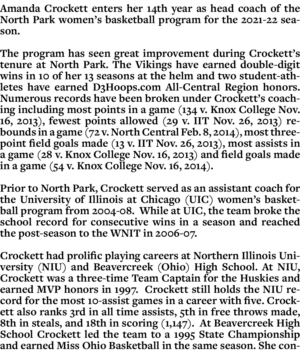 Amanda Crockett enters her 14th year as head coach of the North Park women s basketball program for the 2021-22 seaso   