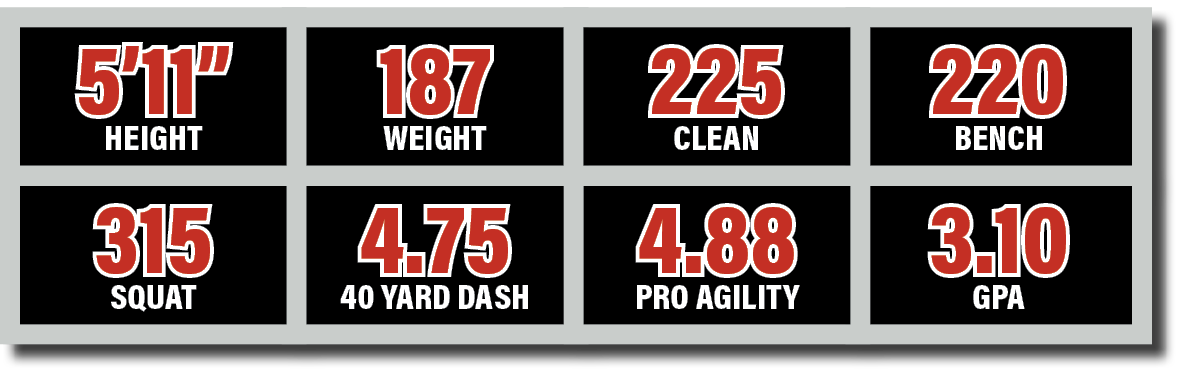 315 squat ,4.88 Pro Agility,4.75 40 YARD DASH,225 clean ,5’11” HEIGHT,187 WEIGHT,220 bench,3.10 GP