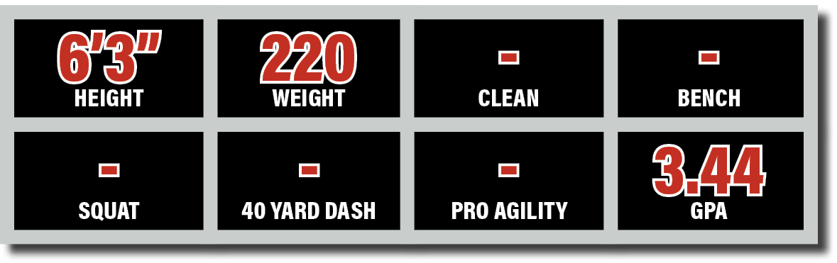  squat , Pro Agility, 40 YARD DASH, clean ,6’3” HEIGHT,220 WEIGHT, bench,3.44 GP