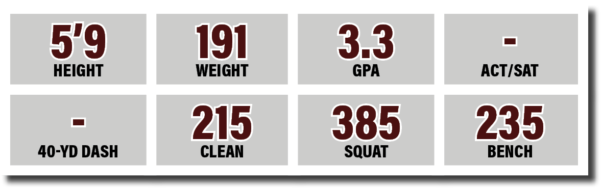 - 40-yd dash,385 SQUAT,215 CLEAN,3 3 GPA,5 9 HEIGHT,191 WEIGHT,- ACT SAT,235 BENC