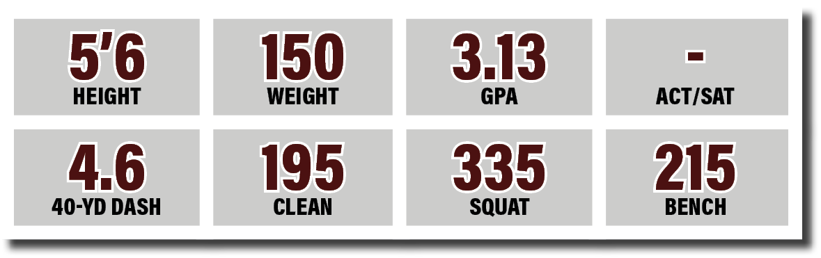 4 6 40-yd dash,335 SQUAT,195 CLEAN,3 13 GPA,5 6 HEIGHT,150 WEIGHT,- ACT SAT,215 BENC
