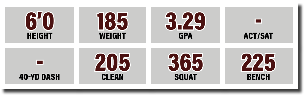 - 40-yd dash,365 SQUAT,205 CLEAN,3 29 GPA,6 0 HEIGHT,185 WEIGHT,- ACT SAT,225 BENC