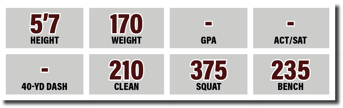 - 40-yd dash,375 SQUAT,210 CLEAN,- GPA,5 7 HEIGHT,170 WEIGHT,- ACT SAT,235 BENC