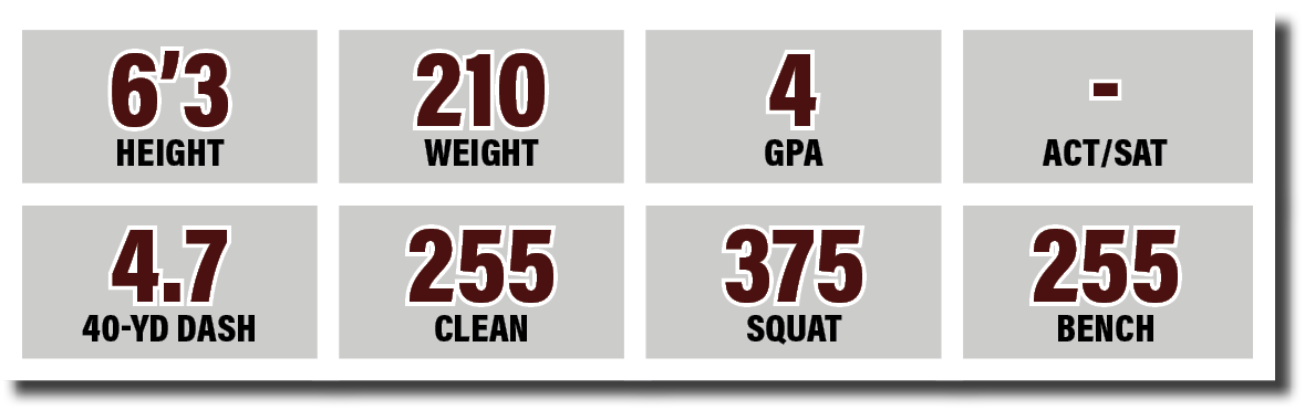 4 7 40-yd dash,375 SQUAT,255 CLEAN,4 GPA,6 3 HEIGHT,210 WEIGHT,- ACT SAT,255 BENC