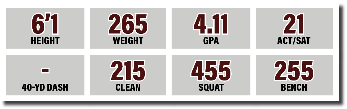 - 40-yd dash,455 SQUAT,215 CLEAN,4 11 GPA,6 1 HEIGHT,265 WEIGHT,21 ACT SAT,255 BENC