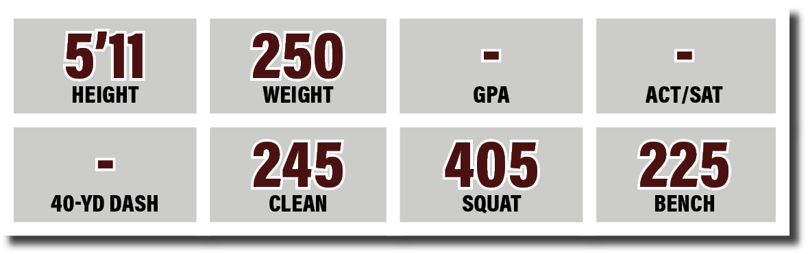 - 40-yd dash,405 SQUAT,245 CLEAN,- GPA,5 11 HEIGHT,250 WEIGHT,- ACT SAT,225 BENC
