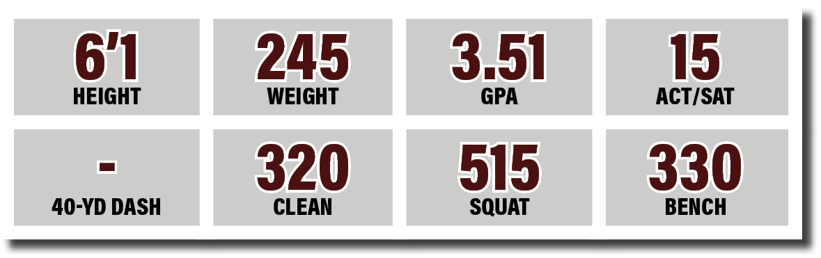 - 40-yd dash,515 SQUAT,320 CLEAN,3 51 GPA,6 1 HEIGHT,245 WEIGHT,15 ACT SAT,330 BENC