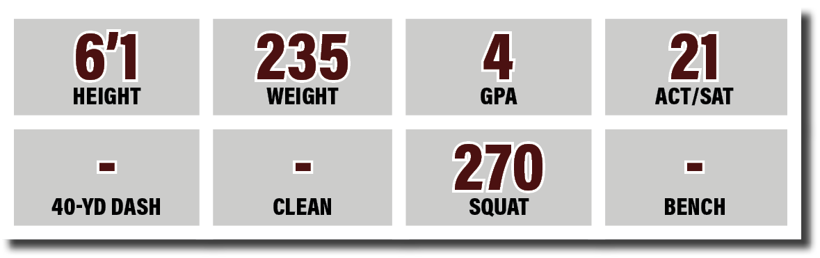 - 40-yd dash,270 SQUAT,- CLEAN,4 GPA,6 1 HEIGHT,235 WEIGHT,21 ACT SAT,- BENC